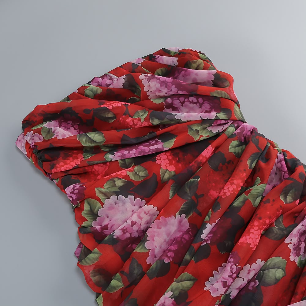 Red Floral Ruched Strapless Maxi Dress