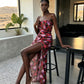 Red Floral Ruched Strapless Maxi Dress