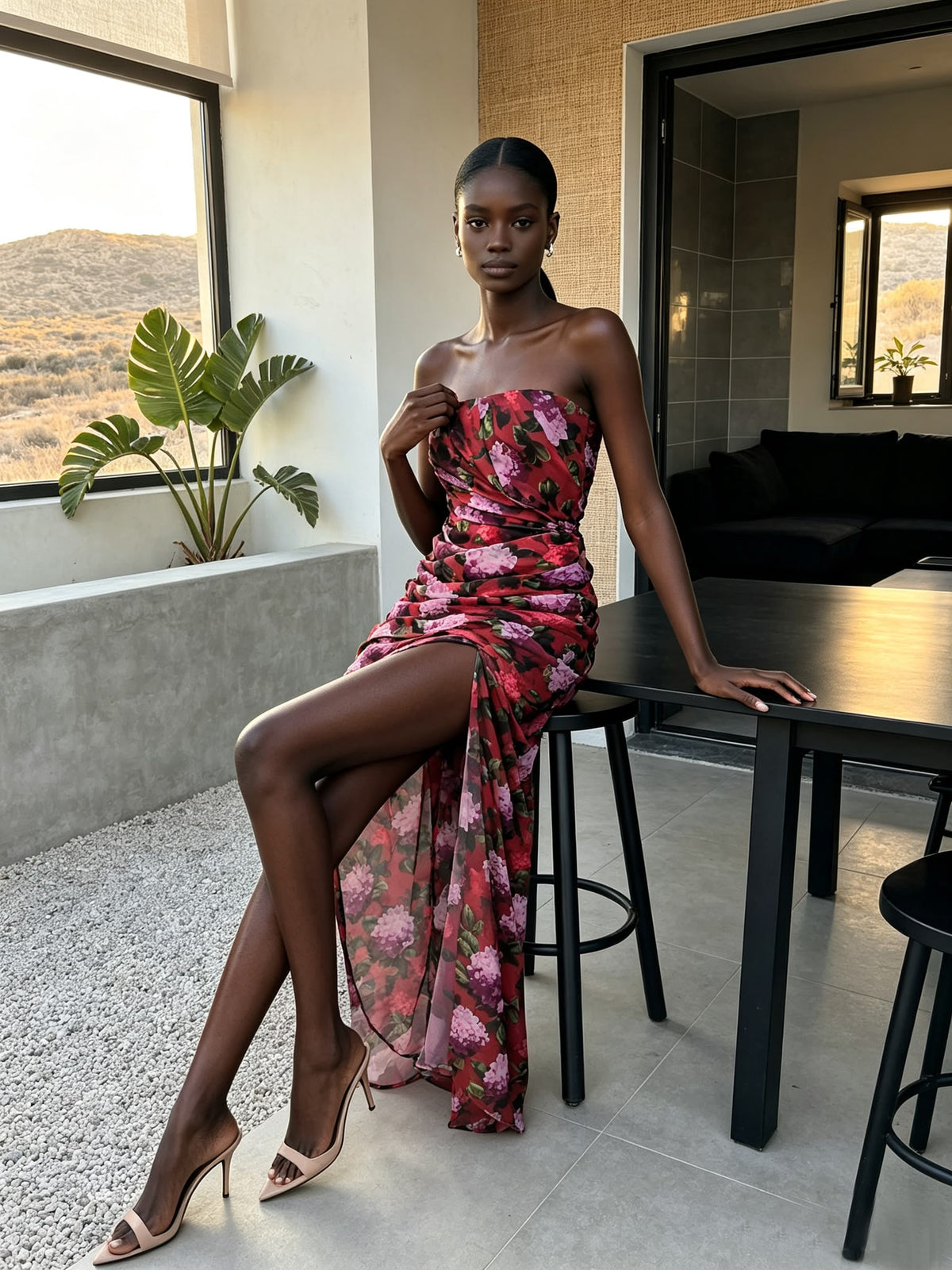Red Floral Ruched Strapless Maxi Dress