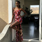 Red Floral Ruched Strapless Maxi Dress