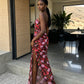 Red Floral Ruched Strapless Maxi Dress