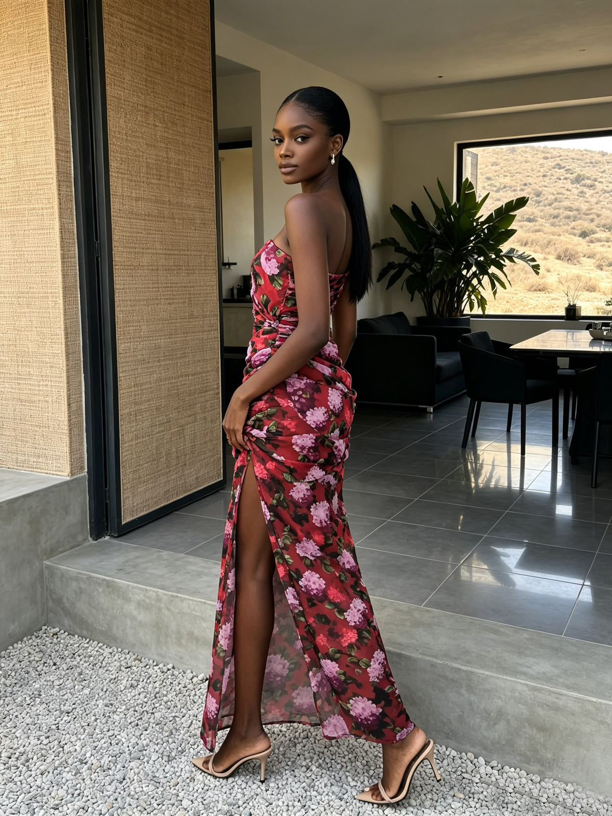 Red Floral Ruched Strapless Maxi Dress