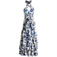 Blue and White Floral Halter Tiered Maxi Dress