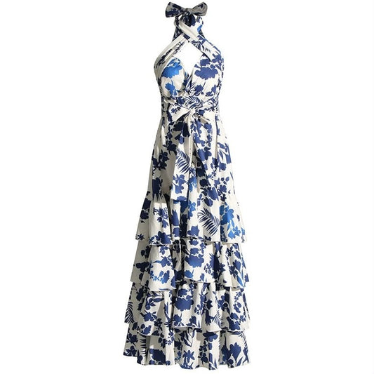 Blue and White Floral Halter Tiered Maxi Dress
