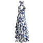 Blue and White Floral Halter Tiered Maxi Dress