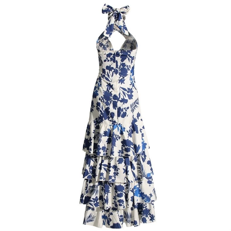 Blue and White Floral Halter Tiered Maxi Dress