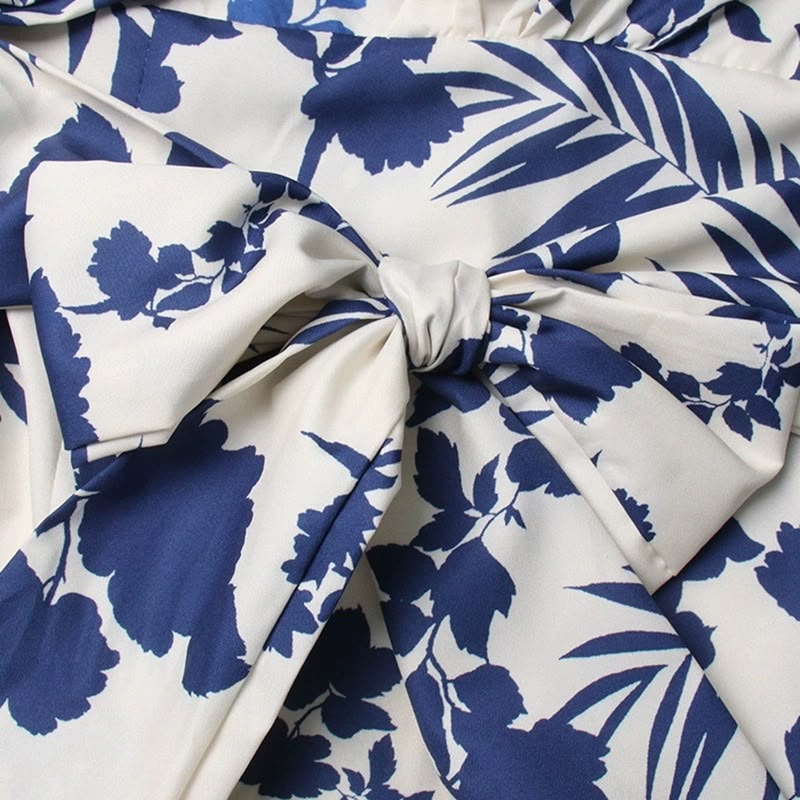 Blue and White Floral Halter Tiered Maxi Dress