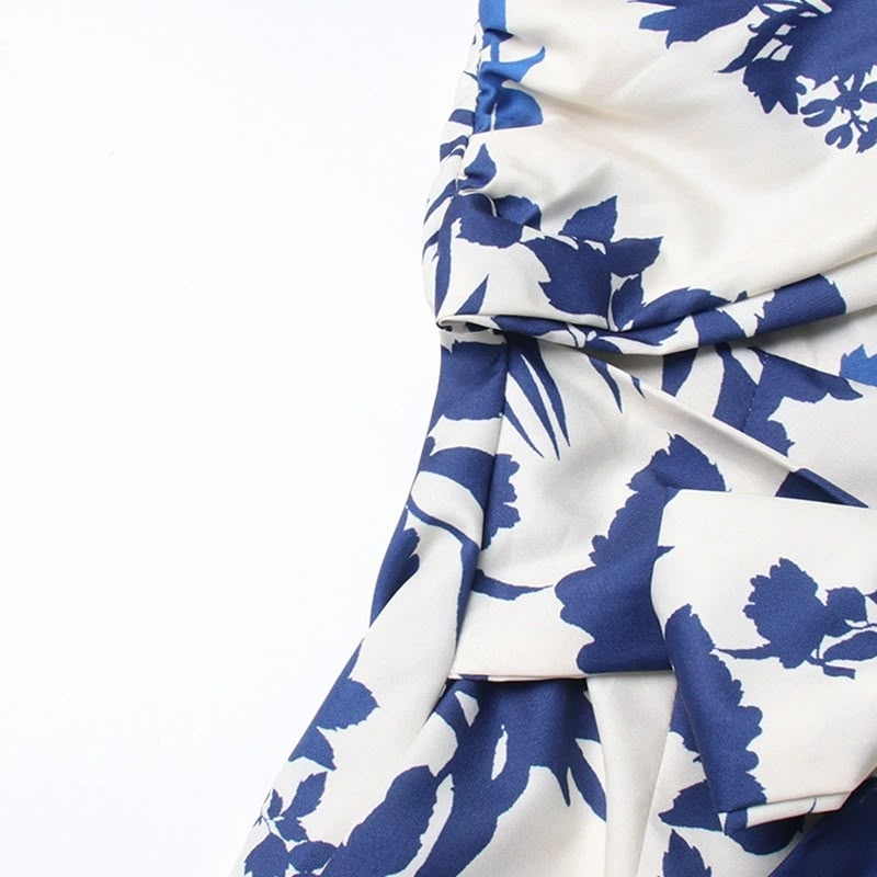 Blue and White Floral Halter Tiered Maxi Dress