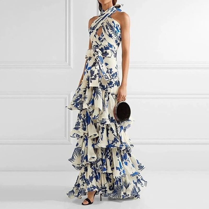 Blue and White Floral Halter Tiered Maxi Dress