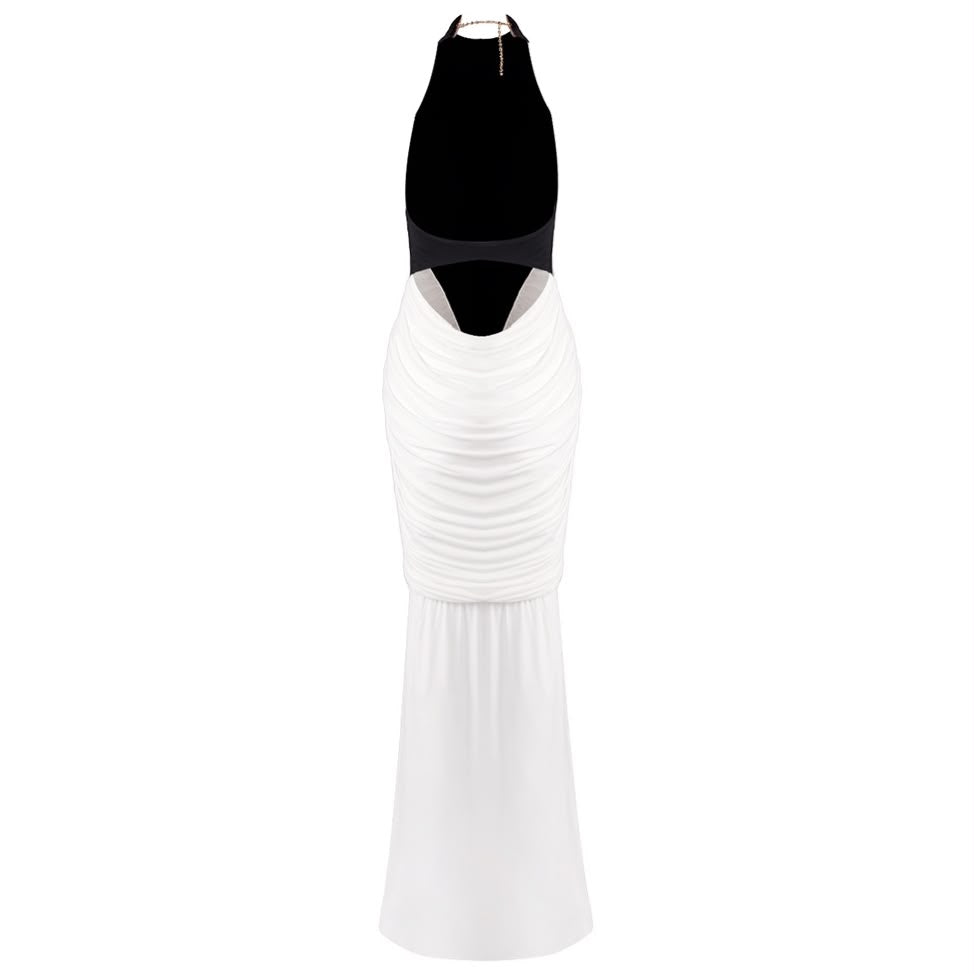 Black and White Contrast Halter Mermaid Gown
