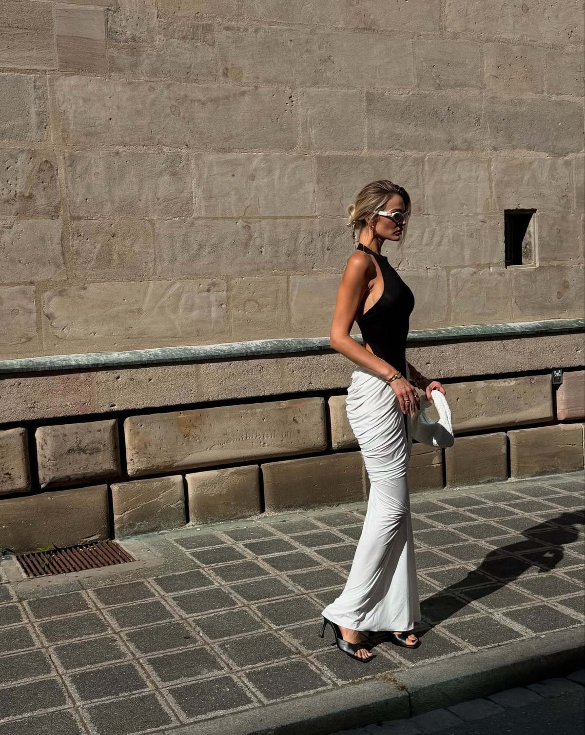 Black and White Contrast Halter Mermaid Gown