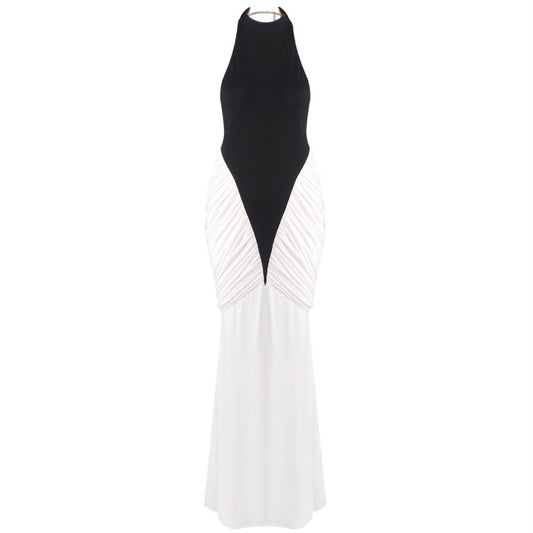 Black and White Contrast Halter Mermaid Gown