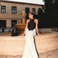 Black and White Contrast Halter Mermaid Gown
