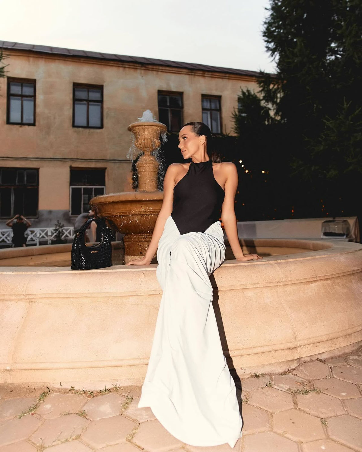 Black and White Contrast Halter Mermaid Gown