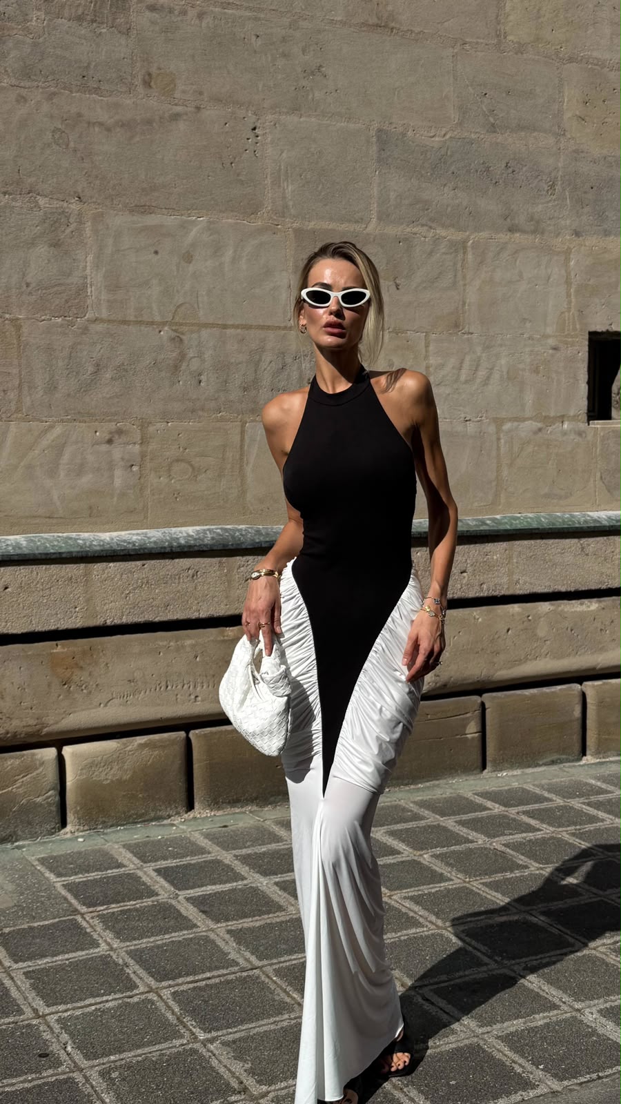 Black and White Contrast Halter Mermaid Gown