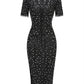 Black Sheer Rhinestone Short-Sleeve Midi Dress