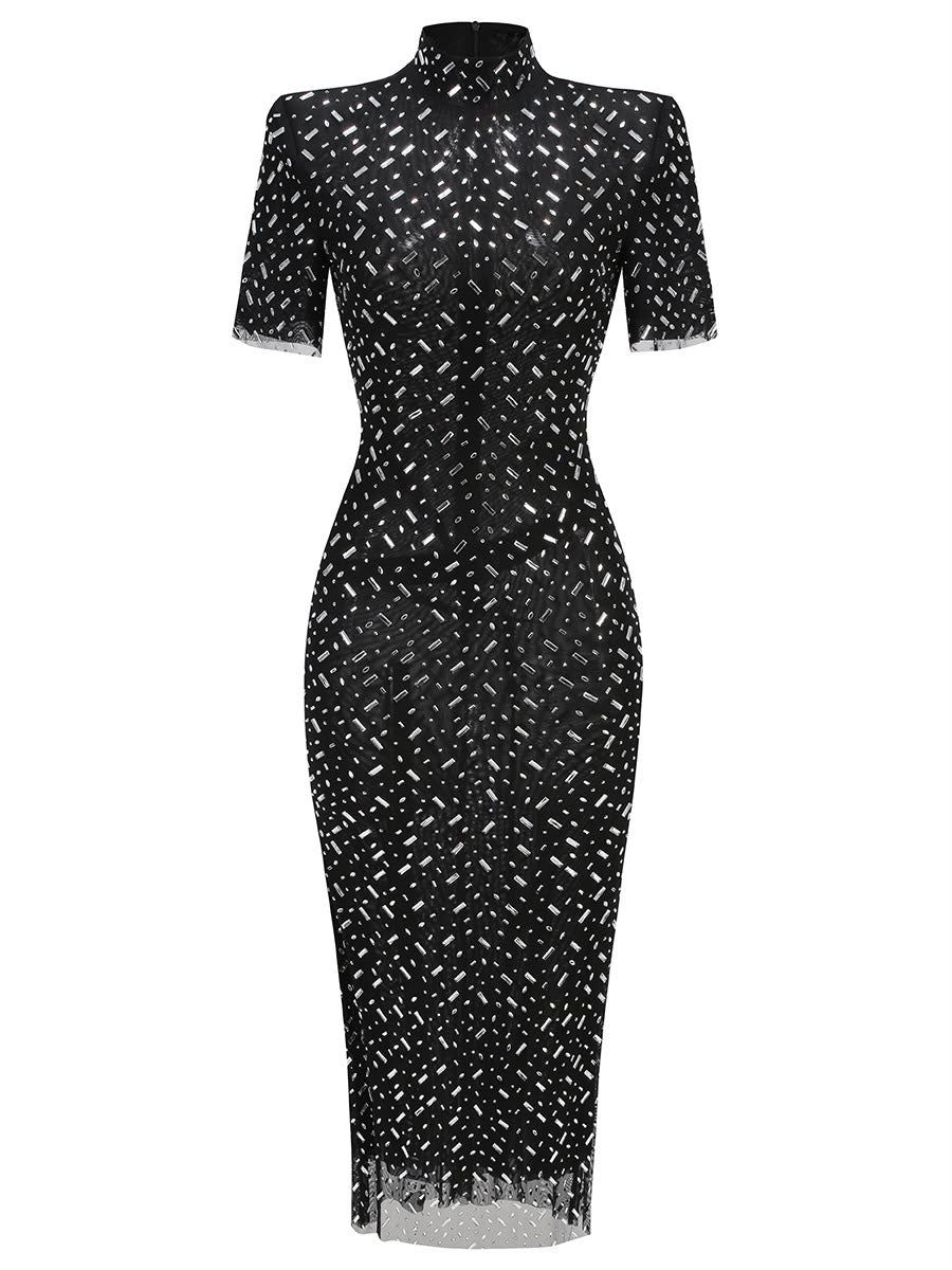 Black Sheer Rhinestone Short-Sleeve Midi Dress