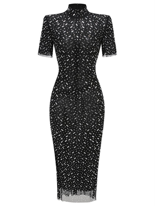 Black Sheer Rhinestone Short-Sleeve Midi Dress