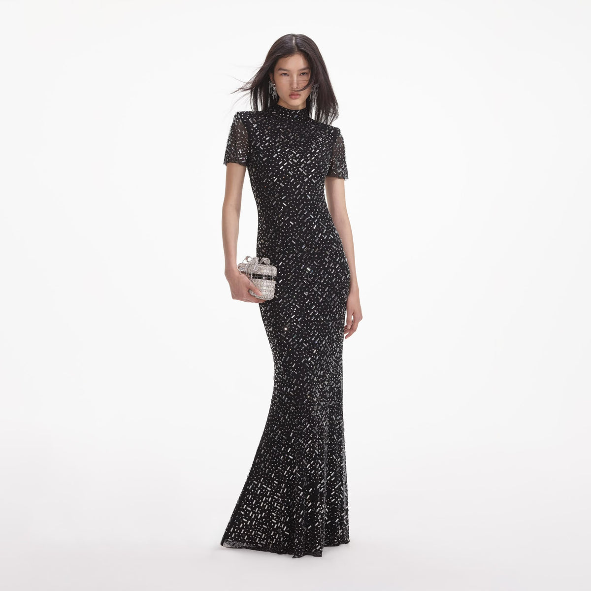 Black Sheer Rhinestone Short-Sleeve Midi Dress