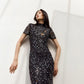 Black Sheer Rhinestone Short-Sleeve Midi Dress
