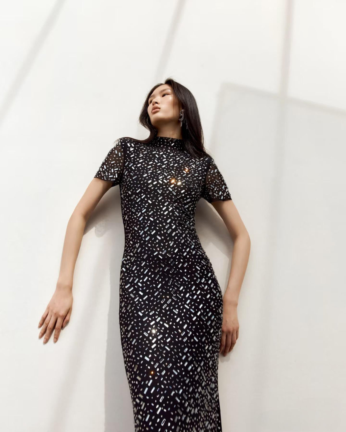 Black Sheer Rhinestone Short-Sleeve Midi Dress