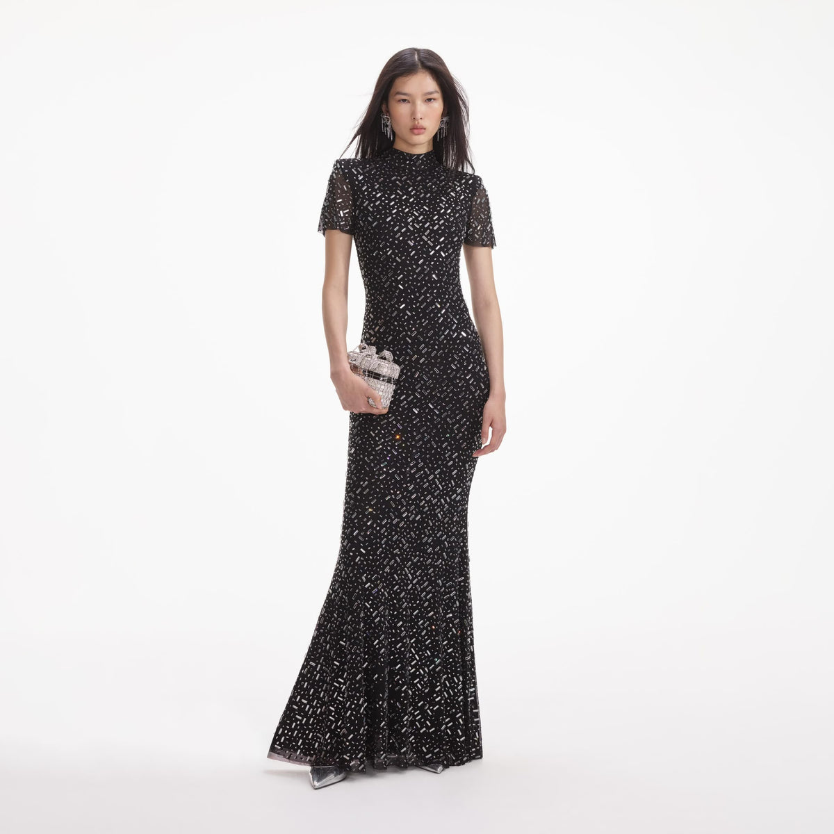 Black Sheer Rhinestone Short-Sleeve Midi Dress