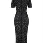 Black Sheer Rhinestone Short-Sleeve Midi Dress