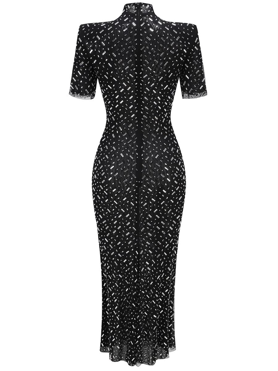 Black Sheer Rhinestone Short-Sleeve Midi Dress