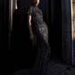 Black Sheer Rhinestone Short-Sleeve Midi Dress
