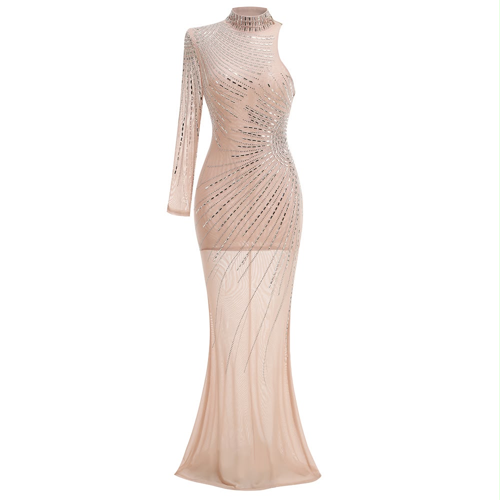 Sheer Rhinestone-Embellished Long-Sleeve Maxi Dress