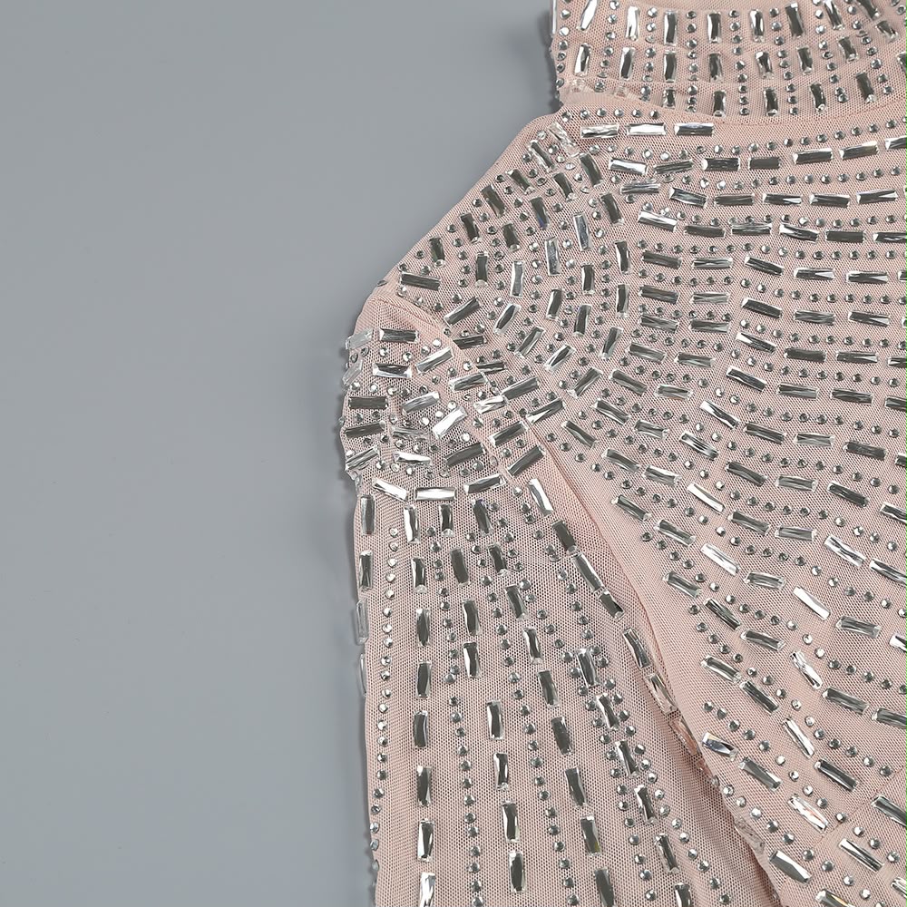 Sheer Rhinestone-Embellished Long-Sleeve Maxi Dress