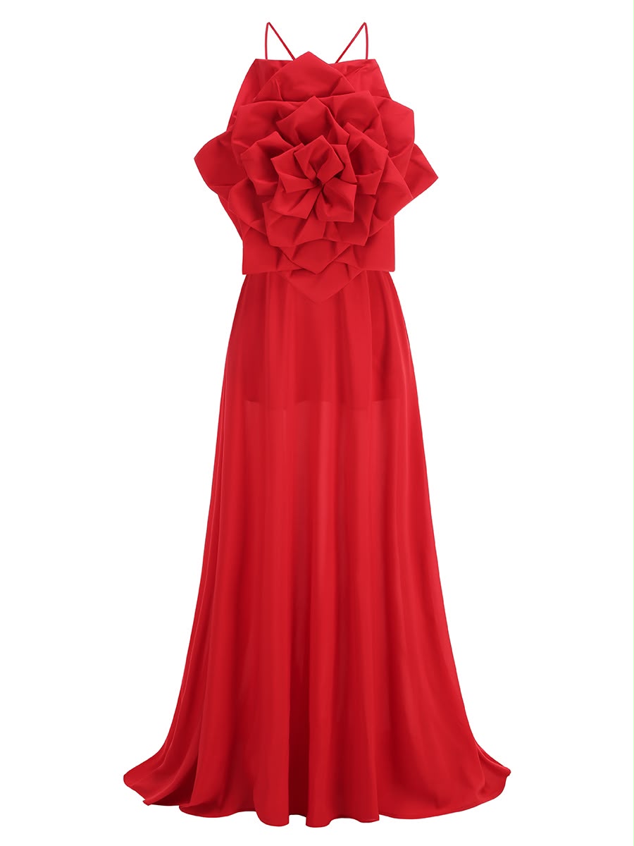 Red Statement Maxi Dress with Giant 3D Floral Accent