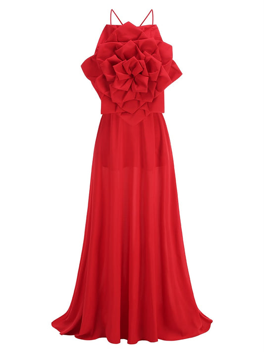 Red Statement Maxi Dress with Giant 3D Floral Accent