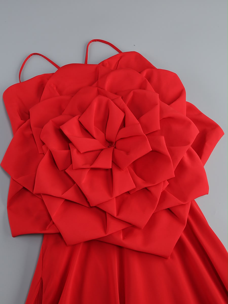 Red Statement Maxi Dress with Giant 3D Floral Accent