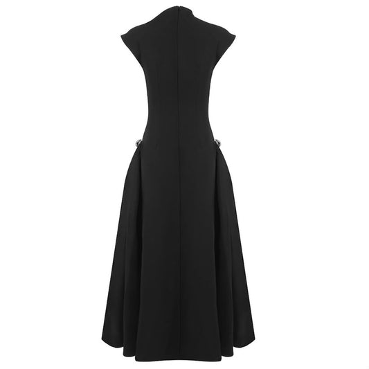 Asymmetric Black Evening Dress with Waist Cutouts and Metal Rings