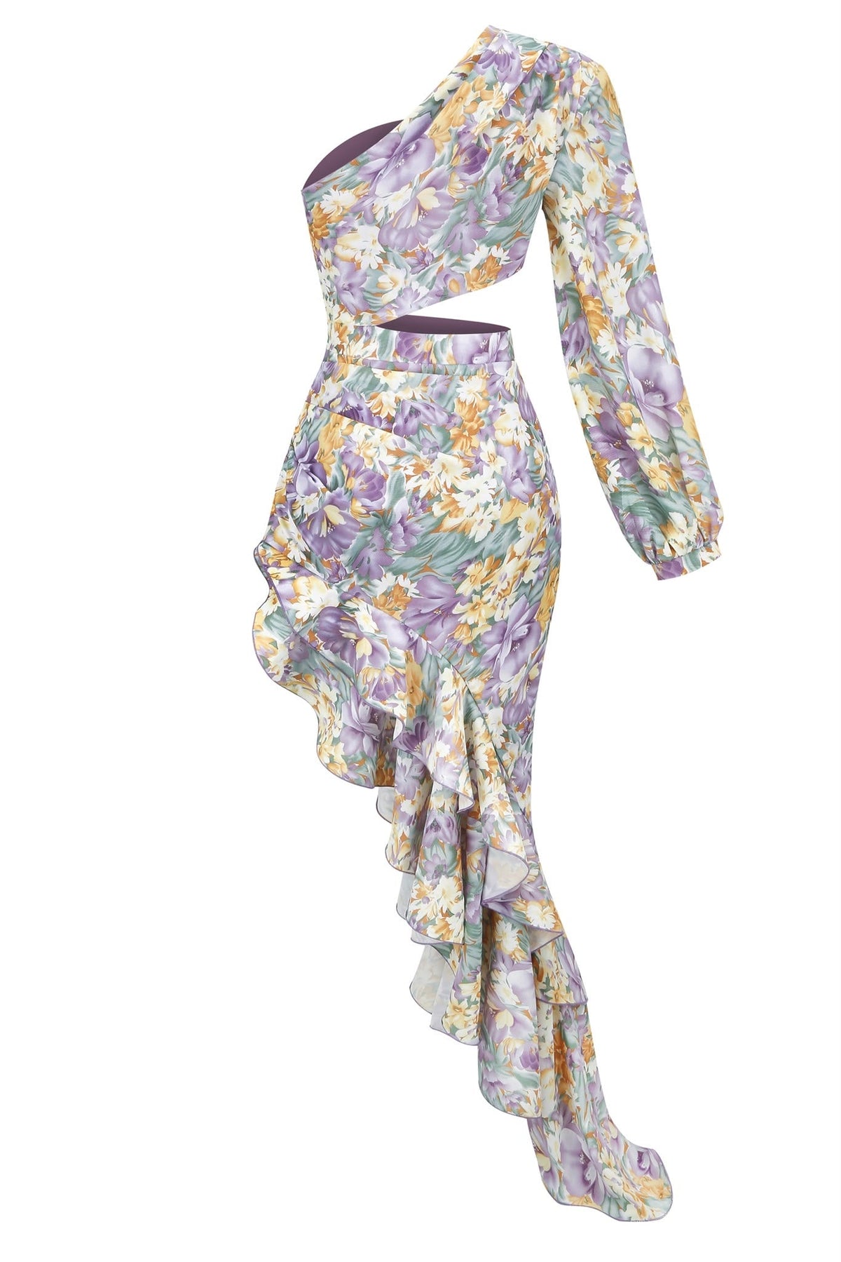Purple and Yellow Floral One-Shoulder Ruffled Dress