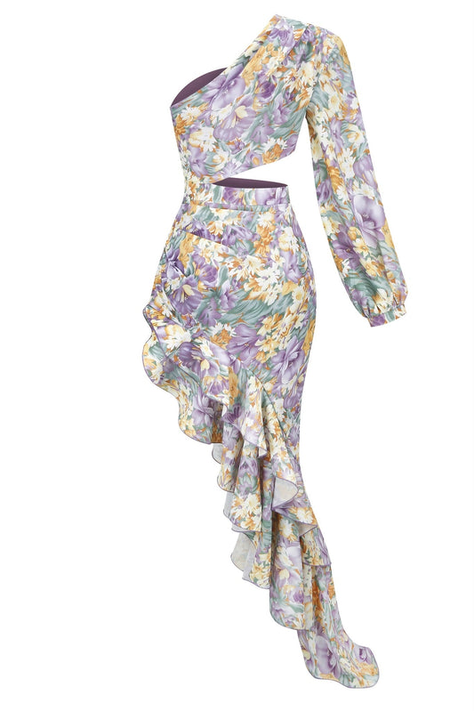 Purple and Yellow Floral One-Shoulder Ruffled Dress