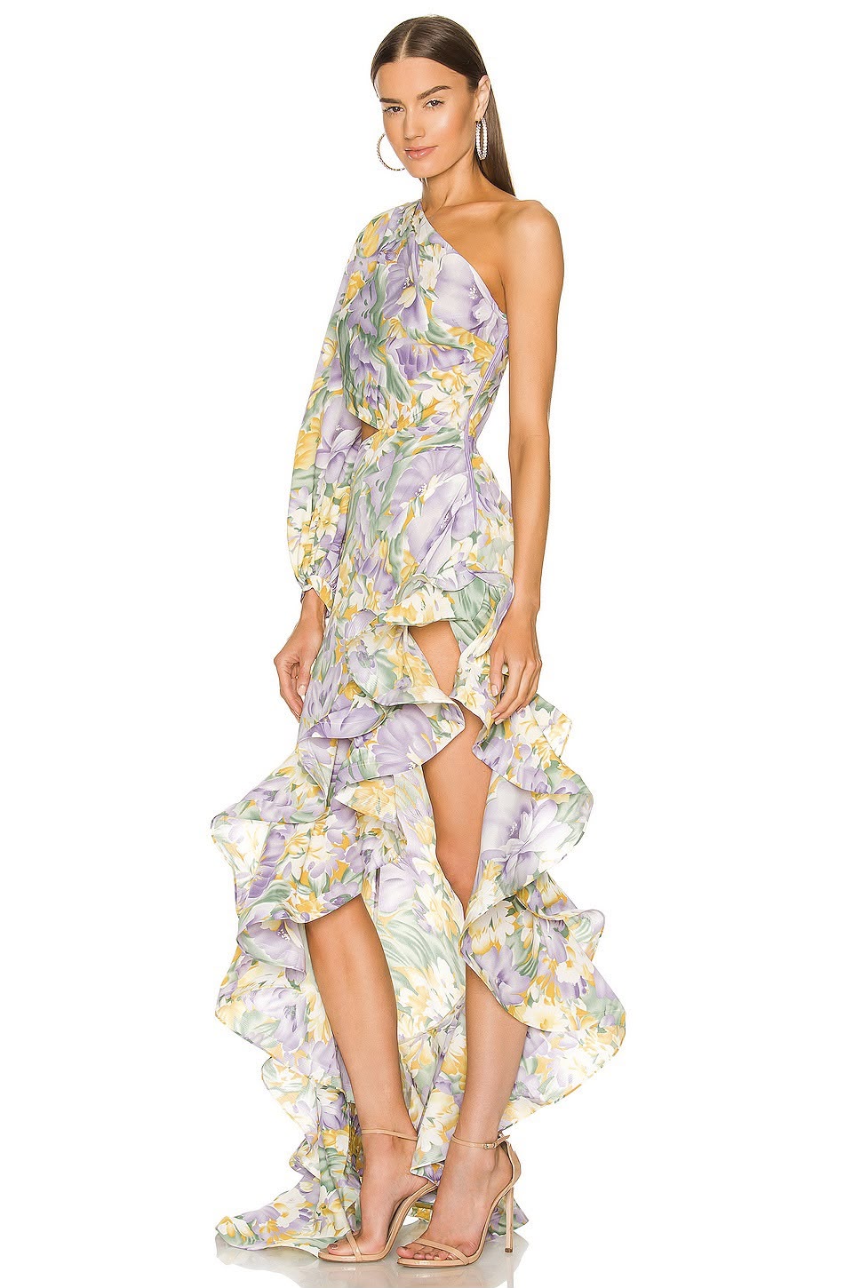 Purple and Yellow Floral One-Shoulder Ruffled Dress