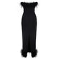 Elegant Black Midi Dress with Feather Trim Accents
