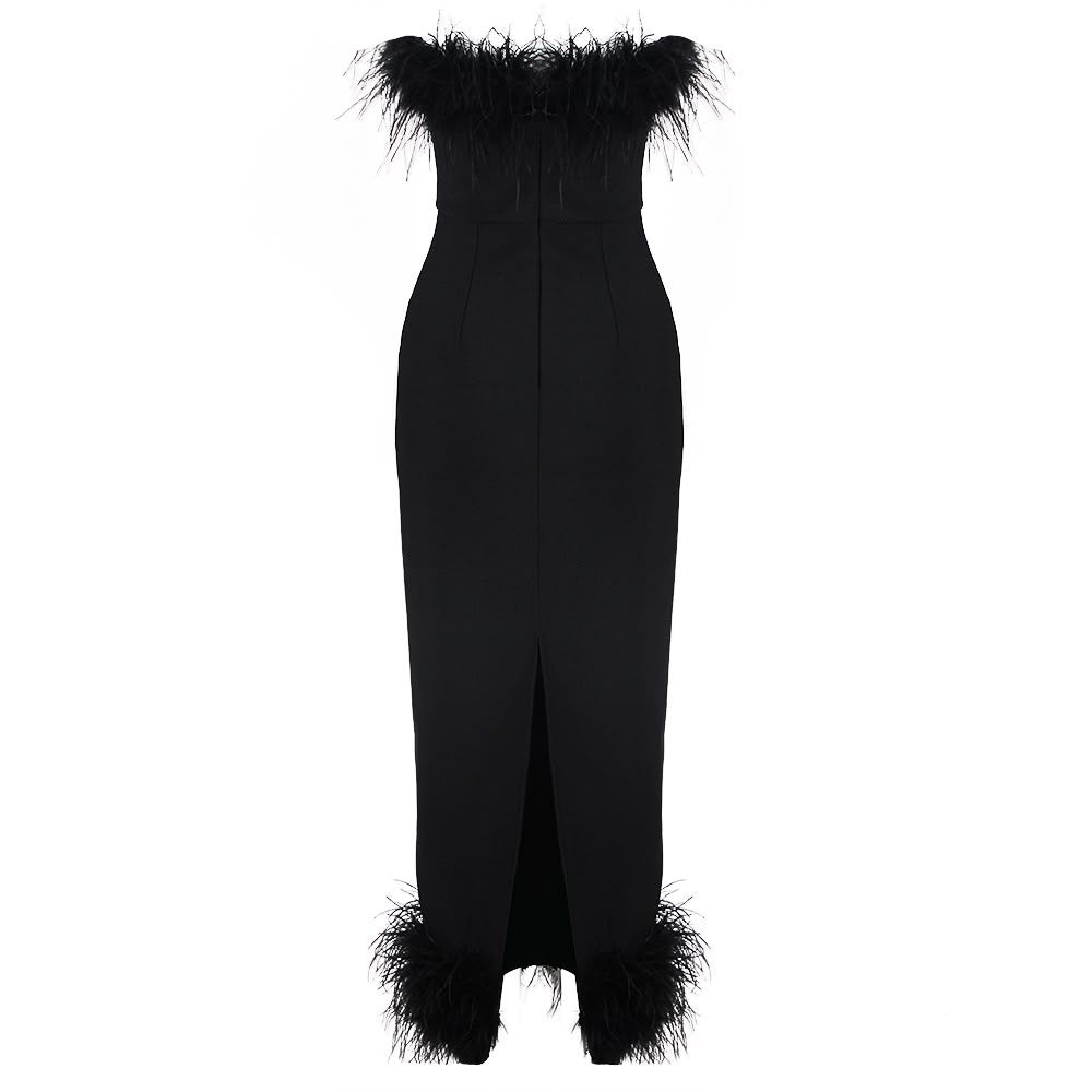 Elegant Black Midi Dress with Feather Trim Accents