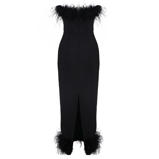 Elegant Black Midi Dress with Feather Trim Accents