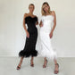 Elegant Black Midi Dress with Feather Trim Accents