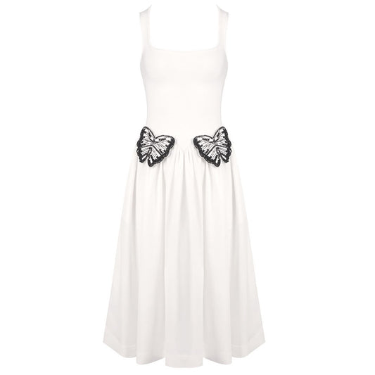 White Midi Dress with Sparkling Butterfly Waist Appliques