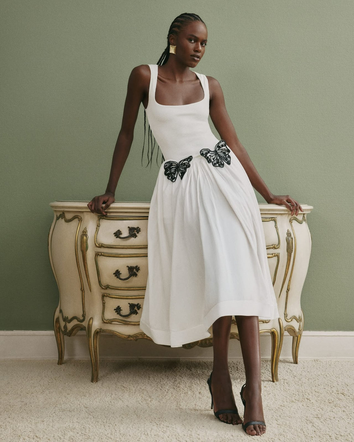 White Midi Dress with Sparkling Butterfly Waist Appliques