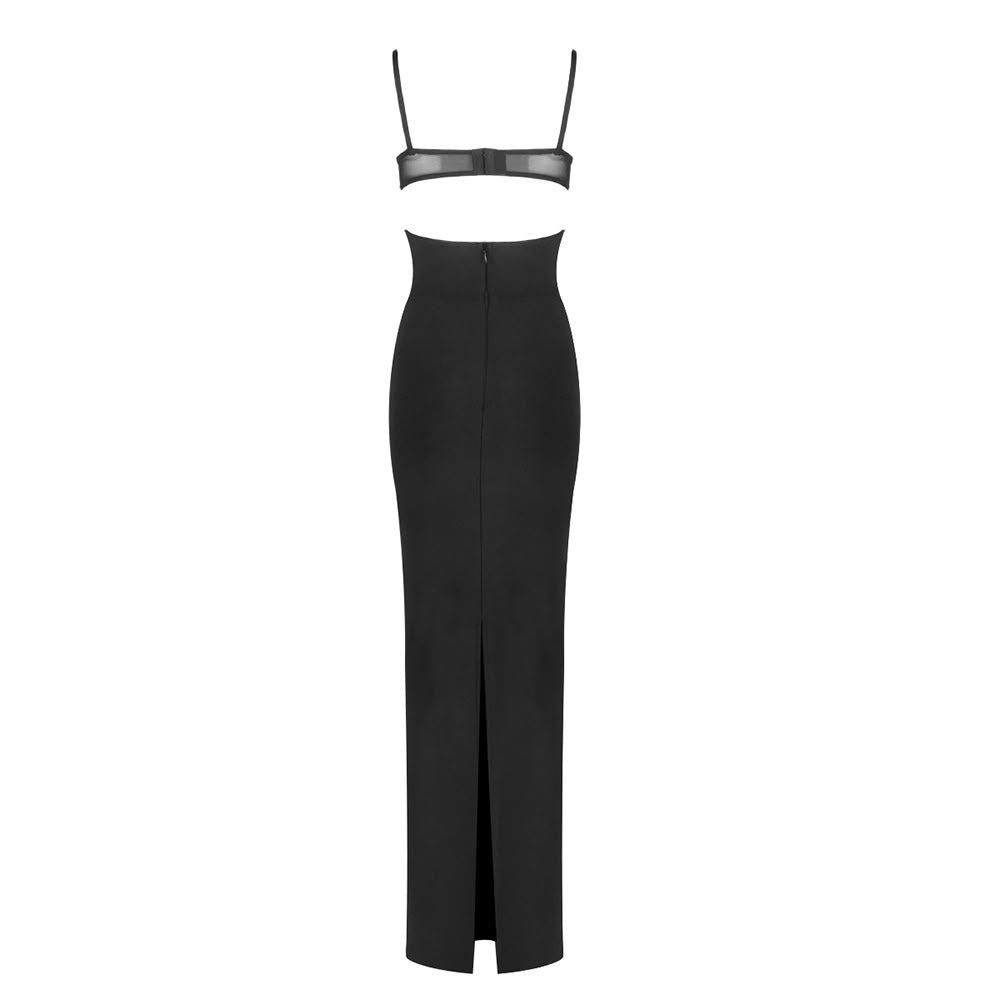 Fitted Black Evening Dress with Sheer Corset and Bust Cutouts