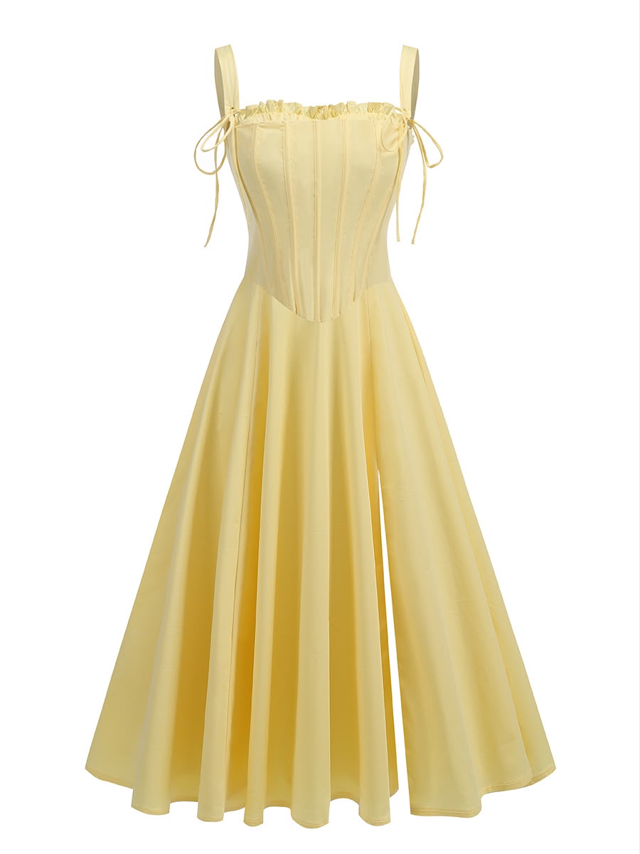 Yellow Corset-Style Midi Dress with Tie Straps
