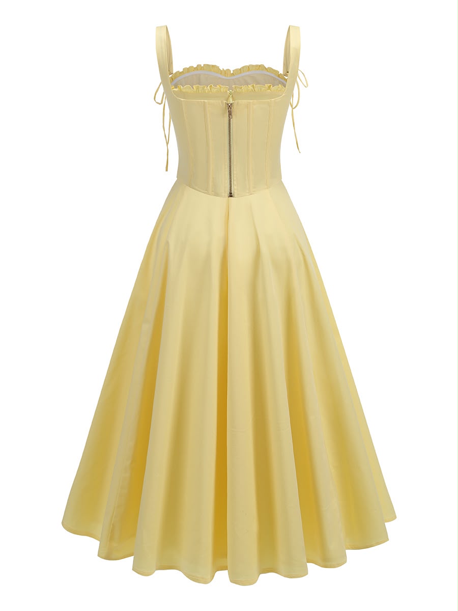 Yellow Corset-Style Midi Dress with Tie Straps