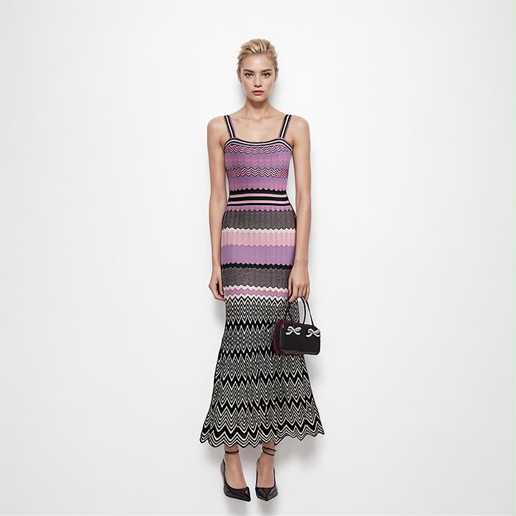 Pink, Purple, and Black Zigzag Knit Maxi Dress