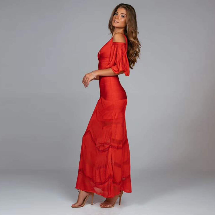 V-Neck Maxi Dress With Flutter Sleeves And Godet Hem in Red