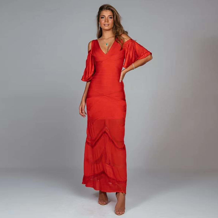 V-Neck Maxi Dress With Flutter Sleeves And Godet Hem in Red